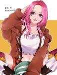  1girl anti-eyebrow_piercing artist_name highres jewelry_bonney lips lipstick long_hair makeup natsuki_shio one_piece open_mouth pink_hair purple_eyes red_lips sitting solo teeth translation_request 