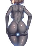  1girl a.x. absurdres ass ass_focus ass_grab back black_bodysuit blush bodysuit breasts brown_hair cowboy_shot deep_skin facing_viewer from_behind grabbing_own_ass hands_on_ass head_out_of_frame highres impossible_bodysuit impossible_clothes large_breasts open_mouth original shiny shiny_skin short_hair shoulder_blades sideboob sideways_mouth simple_background skin_tight solo standing sweat thigh_gap thighs white_background 