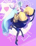  1girl absurdres asymmetrical_legwear black_skirt blue_hair blue_pantyhose bow-shaped_hair character_hair_ornament commentary_request cyawa full_body hair_ornament highres holding holding_poke_ball iono_(pokemon) jacket leg_up light_blue_hair looking_at_viewer magnemite mismatched_legwear multicolored_hair open_mouth pantyhose pink_hair poke_ball pokemon pokemon_sv purple_background purple_thighhighs sharp_teeth simple_background single_leg_pantyhose single_thighhigh skirt sleeves_past_fingers sleeves_past_wrists smile solo split-color_hair standing standing_on_one_leg teeth thighhighs two-tone_hair very_long_sleeves yellow_jacket 