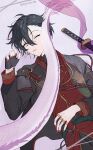  1boy black_hair black_jacket black_pants dragon_tail ensemble_stars! fingerless_gloves gloves jacket japanese_clothes kagehira_mika male_focus official_alternate_costume one_eye_closed open_mouth pants red_gloves short_hair solo sugarshu_s2 sword tail twitter_username weapon yellow_eyes 