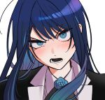  1girl ado_(utaite) angry black_bow black_bowtie black_coat blue_eyes blue_flower blue_hair blue_rose blush bow bowtie chando_(ado) cloud_nine_inc coat collared_shirt commentary floating_hair flower flower_brooch highres long_hair looking_at_viewer lower_teeth_only mole mole_under_eye open_mouth riseno rose shirt sidelocks simple_background solo teeth upper_body utaite white_background white_shirt 