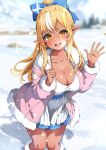  1girl absurdres adapted_costume blonde_hair blue_bow blurry blurry_background blush boots bow breasts cleavage coat commentary dark-skinned_female dark_elf dark_skin day elf feet_out_of_frame fur-trimmed_boots fur-trimmed_coat fur_trim hair_bow hands_up high_ponytail highres hololive isakoro_(hx9cj) large_breasts lens_flare long_hair long_sleeves looking_at_viewer multicolored_hair open_clothes open_coat open_mouth orange_eyes outdoors pink_coat pleated_skirt pointy_ears shiranui_flare shiranui_flare_(1st_costume) shirt skirt smile snow solo standing streaked_hair teeth upper_teeth_only virtual_youtuber waving white_hair white_shirt white_skirt 
