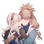  2girls bangs black_gloves blue_jacket brown_gloves brown_hair brown_hairband bush closed_eyes closed_mouth collar collared_shirt corrin_(fire_emblem) corrin_(fire_emblem)_(female) eyebrows_visible_through_hair fire_emblem fire_emblem_awakening fire_emblem_fates gloves hair_between_eyes hair_ornament hairband holding hug jacket long_hair long_sleeves looking_at_another multiple_girls one_eye_closed parted_lips pointy_ears ponytail puffy_long_sleeves puffy_sleeves red_eyes red_ribbon ribbon shirt simple_background smile takumi_(fire_emblem) upper_body white_background white_hair white_shirt yuri zuizi 