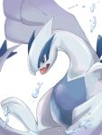  animal_focus artist_name colored_skin commentary_request fang grey_eyes highres iwasi_29 lugia no_humans open_mouth pokemon pokemon_(creature) simple_background skin_fang twitter_username water white_background white_skin wings 