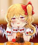  1girl arm_garter arm_support ascot bangs blonde_hair blush bow cherry chin_rest commentary_request crystal curly_hair elbow_rest elbows_on_table fang flandre_scarlet food food_request frilled_cuffs frilled_shirt_collar frilled_sleeves frills fruit hair_between_eyes hair_bow hands_on_own_cheeks hands_on_own_face hands_up head_rest head_tilt heart indoors looking_at_viewer nail_polish no_headwear one_side_up pancake plate pointy_ears puffy_short_sleeves puffy_sleeves red_bow red_eyes red_nails red_vest shiny shiny_hair shirt short_hair short_sleeves sidelocks solo table touhou vest white_shirt wings wrist_bow wrist_cuffs yellow_neckwear yuma_(yuuma_pants) 