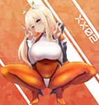  1girl blonde_hair bodysuit braid breasts covered_navel double_v goddess_of_victory:_nikke high_heels highleg highres large_breasts panties_over_bodysuit single_braid skin_tight solo spread_legs squatting thong tove_(nikke) v yuu_cream 