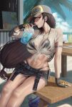  1girl baseball_cap bikini black_bikini breasts brown_hair collarbone cup drinking drinking_straw english_commentary final_fantasy final_fantasy_vii final_fantasy_vii_remake hat highres large_breasts long_hair looking_at_viewer low-tied_long_hair navel red_eyes silvertsuki solo swimsuit thighs tifa_lockhart 