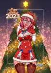 2023 anthro blue_eyes breasts christmas christmas_clothing christmas_headwear christmas_tree cleavage clothed clothing eyewear female fern_cervice fur glasses gloves hair half-closed_eyes handwear hat headgear headwear hi_res holidays keiron_white lagomorph leggings legwear leporid looking_at_viewer mammal narrowed_eyes pink_body pink_fur pink_hair plant rabbit santa_hat signature smile smiling_at_viewer solo standing text tree