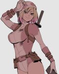  1girl arm_up belt blonde_hair blue_eyes bodysuit breasts brown_belt cellphone closed_mouth commentary_request gradient_hair gwenpool hair_between_eyes holding holding_phone katana large_breasts looking_at_viewer marvel mask multicolored_hair phone pink_bodysuit pink_hair pocket short_hair simple_background smartphone smile solo standing sushi_pizza_rrr sword two-tone_bodysuit v-shaped_eyebrows weapon white_background white_bodysuit white_mask 