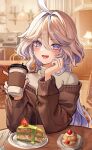  1girl ahoge artist_name blue_eyes blue_hair blush cake cake_slice carpet chair cup dasha food fork furina_(genshin_impact) genshin_impact hair_between_eyes heterochromia highres holding holding_cup indoors lamp light_blue_hair long_hair looking_at_viewer lower_teeth_only multicolored_hair open_mouth plate revision sidelocks sitting smile solo spoon streaked_hair teeth two-tone_hair upper_body 