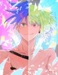  2boys abstract_background absurdres blue_eyes blue_hair chest_harness crossed_arms debris earrings galo_thymos green_hair harness highres jewelry lio_fotia looking_at_viewer male_focus mohawk multiple_boys no_nose promare purple_eyes shards short_hair short_hair_with_long_locks sidelocks single_earring smile so-rann spiked_hair split_theme straight-on triangle_earrings upper_body 