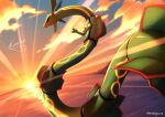  absurdres black_sclera claws closed_mouth cloud colored_sclera commentary_request dragon eastern_dragon fang fang_out highres kaichi_(tomiyu25) no_humans outdoors pokemon pokemon_(creature) rayquaza signature sky solo sunset twilight yellow_eyes 