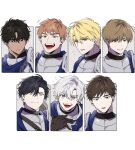  6+boys armor black_gloves black_hair blonde_hair blue_eyes brown_eyes brown_hair character_request closed_mouth commentary_request gkswna33 gloves green_eyes grey_hair highres korean_commentary looking_at_viewer male_focus multiple_boys open_mouth purple_eyes short_hair simple_background smile under_the_oak_tree white_background 