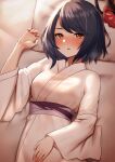  1girl bed bird_mask black_hair blush breasts emor18_shikeko genshin_impact heavy_breathing highres japanese_clothes kujou_sara long_hair looking_at_viewer lying mask medium_breasts nose_blush on_back paid_reward_available parted_lips pillow red_mask short_hair solo yellow_eyes 