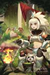  1girl :d animal artist_name bare_shoulders black_gloves boots breasts commentary cooking creature crop_top dragalia_lost fang fire food fur_trim gloves grass hairband hentaki horn kirin_(armor) long_hair meat medium_breasts midriff musical_note nature navel open_mouth orange_eyes pelvic_curtain pig shirt silver_hair sitting sleeveless sleeveless_shirt smile solo stomach vambraces vanessa_(dragalia_lost) watermark zzz 
