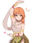  1girl alternate_costume arm_up armlet armpits bare_shoulders bracelet closed_mouth dancer dancer_(three_houses) dress fire_emblem fire_emblem:_three_houses heart jewelry leonie_pinelli looking_at_viewer necklace orange_hair pelvic_curtain short_hair simple_background single-shoulder_dress smile solo spyg standing white_background yellow_eyes 