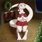 1:1 4_toes 5_fingers albino anthro arm_tattoo bell belly_tattoo big_eyes bottomwear bow_ribbon cape capelet cel_shading christmas christmas_clothing christmas_headwear christmas_stocking christmas_tree clothed clothing crusch_lulu cute_fangs detailed_background digital_drawing_(artwork) digital_media_(artwork) digitigrade eyelashes featureless_chest feet female fingers flat_chested front_view hat headgear headwear hearth hi_res holidays humanoid_hands inside jingle_bell knock-kneed leg_tattoo lizard lizardman lizardman_(overlord) log long_tail looking_up membrane_(anatomy) mistletoe mistletoe_on_tail neck_tattoo night open_mouth open_smile orange_tattoo overlord_(series) plant pupils red_bottomwear red_cape red_clothing red_eyes red_hat red_headwear red_skirt reptile santa_hat scalie shaded skirt slit_pupils smile snow solo spe standing tail tail_tattoo tattoo thick_tail thick_thighs thigh_tattoo toes tree tribal tribal_tattoo webbed_feet white_body wholesome wide_hips window wood wreath