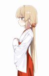  1girl blonde_hair commentary_request expressionless flat_chest from_side hair_ornament hakama hands_in_opposite_sleeves highres japanese_clothes kimono long_hair low_ponytail miko nano_(nan0ng) natori_sana own_hands_together profile rabbit_hair_ornament red_eyes red_hakama sana_channel simple_background solo upper_body virtual_youtuber white_background white_kimono 