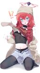  !? 1girl 1other @_@ absurdres beanie black_pantyhose black_shirt blue_archive blue_eyes blush braid breasts disembodied_limb grey_headwear grey_jacket grey_shorts hair_between_eyes halo hat highres jacket long_hair long_sleeves maki_(blue_archive) maki_(camp)_(blue_archive) meunhongcha navel open_mouth pantyhose red_hair red_halo red_shirt shirt shorts simple_background small_breasts solo_focus twin_braids white_background 