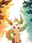  :o arc_draws autumn_leaves green_tail highres leaf leafeon looking_up no_humans open_mouth pokemon pokemon_(creature) purple_eyes solo twitter_username 