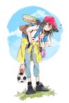  1girl :o ankle_socks backpack bag ball baseball_cap black_footwear black_socks blue_bag blue_pants blue_sky blush_stickers brown_hair clothes_around_waist cloud day full_body grass h_kawa hat highres holding_strap jacket jacket_around_waist leaning_forward long_hair long_sleeves net original outdoors pants parted_lips pink_headwear racket shirt shoes sky sleeves_past_elbows sneakers soccer_ball socks solo sparkle tennis_racket v-shaped_eyebrows white_background white_shirt white_sleeves yellow_jacket 