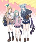  3girls absurdres aqua_hair bag black_socks blonde_hair blue_eyes blue_jacket blue_skirt bow bowtie brown_bag brown_cardigan brown_footwear cardigan closed_eyes clothes_around_waist collared_shirt commentary_request cup disposable_cup elira_pendora finana_ryugu fins flower full_body green_bow green_hair hair_flower hair_ornament hair_over_one_eye hairclip head_fins head_wings highres holding holding_cup jacket jacket_around_waist kneehighs kyouno lazulight leg_warmers loafers long_hair long_sleeves looking_at_another low_wings multicolored_background multiple_girls nijisanji nijisanji_en open_mouth pink_background pink_cardigan plaid plaid_skirt pleated_skirt pointy_ears pomu_rainpuff purple_flower purple_rose red_eyes rose school_bag shirt shoes skirt sleeves_past_fingers sleeves_past_wrists smile socks virtual_youtuber white_background white_shirt white_socks wings yellow_background 