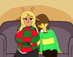 antlers big_breasts breasts cuddling deltarune duo female freckles furniture hi_res holding_stomach horn kris_(deltarune) male noelle_holiday pregnant pregnant_female sleeping_on_partner sofa teztaz time_skip undertale_(series) wholesome yellow_body yellow_skin yellow_wall