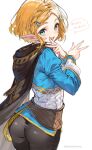  1girl :d ass blonde_hair blue_eyes blush braid brown_cape cape commentary_request cowboy_shot crown_braid double_v from_behind hair_ornament highres long_sleeves looking_at_viewer looking_back pantyhose pointy_ears princess_zelda short_hair shuri_(84k) simple_background smile solo speech_bubble standing the_legend_of_zelda the_legend_of_zelda:_tears_of_the_kingdom translated twitter_username v white_background 