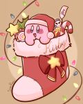  absurdres box candy candy_cane character_name chilly_(kirby) christmas christmas_lights christmas_stocking colored_skin food gift gift_box hat highres invincible_candy kirby kirby_(series) no_humans pink_skin santa_hat signature smile solid_oval_eyes star_(symbol) star_rod starroad 