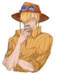  1boy blonde_hair blue_eyes blush borrowed_clothes closed_mouth collared_shirt cosplay curly_eyebrows english_commentary facial_hair full-face_blush hair_over_one_eye hat highres implied_yaoi male_focus one_piece orange_headwear portgas_d._ace portgas_d._ace_(cosplay) sanji_(one_piece) shirt short_hair sleeves_rolled_up smile white_background xve009 yellow_shirt 