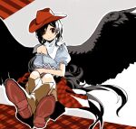  1girl bandana bird_tail black_hair black_wings blue_shirt boots brown_footwear closed_mouth commentary_request feathered_wings flat_chest frilled_sleeves frills hat highres kaigen_1025 kurokoma_saki no_sclera off-shoulder_shirt off_shoulder plaid red_eyes red_headwear shirt smile solo tail touhou white_bandana wings 