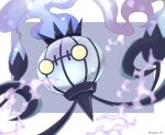  animal_focus artist_name chandelure commentary_request fire grey_background highres iwasi_29 no_humans pokemon pokemon_(creature) purple_fire twitter_username two-tone_background white_background yellow_eyes 
