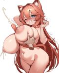  1boy 1girl animal_ears blue_eyes blush breast_milk breasts cat_ears cat_girl cat_tail clenched_teeth completely_nude curvy disembodied_limb fang grabbing grabbing_another&#039;s_breast hetero highres huge_breasts kaptivate lactation long_hair looking_at_viewer nipples nude one_eye_closed orange_hair original simple_background smile solo_focus standing tail teeth very_long_hair white_background 