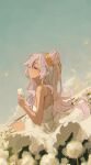  1girl absurdres bare_arms bare_shoulders closed_eyes closed_mouth commentary crown dandelion dandelion_seed dark-skinned_female dark_skin day dress facing_up field flower flower_field hair_bun hair_flower hair_ornament highres holding holding_flower indie_virtual_youtuber long_hair lyrica_(vtuber) naokomama pink_hair single_hair_bun sitting sky solo virtual_youtuber white_dress 