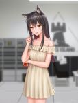  1girl :d absurdres alternate_costume animal_ear_fluff animal_ears arknights bangs bare_shoulders beige_dress black_hair blurry blurry_background blush breasts brown_eyes brown_hair collarbone commentary cowboy_shot dress eyebrows_visible_through_hair food hair_between_eyes hand_up highres holding holding_food indoors long_hair looking_at_viewer medium_breasts multicolored_hair off-shoulder_dress off_shoulder open_mouth pocky short_dress sidelocks smile solo standing texas_(arknights) wolf_ears yuyuyu_(pixiv19949705) 