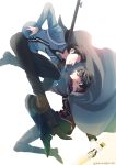  2boys black_hair black_pants blurry bokeh carrying_over_shoulder closed_mouth commentary_request cosplay depth_of_field eye_contact from_side glasses grey_cloak gun hand_on_own_hip holding holding_weapon jacket knee_up looking_at_another male_focus mikumo_osamu mikumo_squad&#039;s_uniform multiple_boys pants profile red_jacket rico_gyouza rifle shoes simple_background smile sniper_rifle touma_isami twitter_username weapon white_background world_trigger 