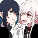  2girls ado_(utaite) black_bow black_bowtie blue_eyes blue_hair bow bowtie chando_(ado) closed_mouth cloud_nine_inc colored_inner_hair commentary dual_persona eye_contact flower flower_brooch gloves hair_between_eyes highres interlocked_fingers long_hair looking_at_another mole mole_under_eye multicolored_hair multiple_girls one_eye_closed pink_eyes pink_hair red_flower red_rose riseno rose shadow sidelocks simple_background two-tone_hair upper_body utaite white_background white_gloves 