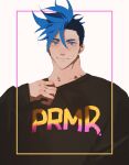  1boy absurdres black_sweater blue_eyes blue_hair border closed_mouth collar_tug copyright_name galo_thymos highres looking_at_viewer male_focus mohawk pink_border print_shirt promare shirt simple_background smile so-rann solo spiked_hair sweater upper_body white_background yellow_border 