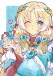  1girl blonde_hair blowing_kiss blue_background blue_dress blue_eyes border breasts cropped_torso dress elf hair_ornament hair_ribbon heart highres jewelry light_blush long_sleeves looking_at_viewer margaret_(rune_factory) medium_breasts one_eye_closed pendant pointy_ears puckered_lips puffy_short_sleeves puffy_sleeves ribbon rune_factory rune_factory_4 short_sleeves signature solo tigusan520 white_border 