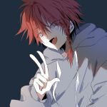  1boy blush braid fang grey_hoodie haep0912 hood hood_down hoodie looking_at_viewer maeno_aki male_focus open_mouth pale_skin red_eyes red_hair short_hair_with_long_locks sketch skin_fang solo tongue tongue_out v zeno_(game) 