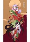  2girls :d :p animal_feet animal_hands bell_orgel blunt_bangs breasts brown_background character_request chinese_zodiac claws commentary dragon_girl dragon_tail dragon_wings eyes_visible_through_hair facial_mark fins hagoita head_fins highres horns japanese_clothes kimono large_breasts long_hair looking_at_viewer monster_girl_encyclopedia multiple_girls nengajou new_year open_mouth orange_eyes paddle petite purple_hair red_background red_eyes ryuu_(monster_girl_encyclopedia) small_breasts smile tail tongue tongue_out two-tone_background white_hair wide_sleeves wings year_of_the_dragon 