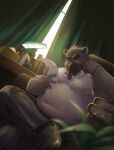 2023 absurd_res anthro bear belly big_belly bottomwear brown_body brown_fur clothing detailed_background fur guadr hi_res humanoid_hands inside kemono male mammal overweight overweight_male pants reading shirt sitting solo topwear