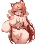  1boy 1girl animal_ears blue_eyes blush breasts cat_ears cat_girl cat_tail completely_nude curvy disembodied_limb fang grabbing grabbing_another&#039;s_breast hetero highres huge_breasts kaptivate long_hair looking_at_viewer nipples nude open_mouth orange_hair original simple_background smile solo_focus standing tail very_long_hair white_background 