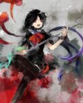  1girl black_dress black_hair black_thighhighs bow bowtie commentary_request dress houjuu_nue kaigen_1025 open_mouth red_bow red_bowtie red_eyes red_footwear short_dress short_hair short_sleeves sitting smile solo thighhighs touhou wings 