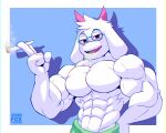 2023 abs absurd_res anthro biceps big_muscles blue_background border bottomwear bovid caprine clothed clothing darkner deltarune deltoids drugs eyewear fur glasses goat hi_res horn huge_muscles looking_at_viewer male mammal marijuana muscular muscular_anthro muscular_male narrowed_eyes open_mouth open_smile pants pecs ralsei ralsei_smoking_blunt red_eyes serratus shadow simple_background smile smoke smoking solo standing stoned substance_intoxication topless topless_anthro topless_male triceps tuft undertale_(series) voidfoxtamcin white_border