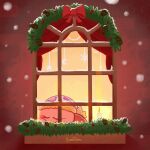  candle christmas closed_eyes colored_skin hat highres kirby kirby_(series) nightcap no_humans pinecone pink_skin pom_pom_(clothes) signature sleeping snowing solo star_(symbol) starroad window 