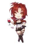  1girl ;) alcohol artist_name belt black_footwear black_shorts boots breasts cleavage closed_mouth cup drinking_glass english_commentary holding holding_cup honkai_(series) honkai_impact_3rd jacket kutty-sark long_sleeves looking_at_viewer mole mole_on_breast murata_himeko murata_himeko_(vermillion_knight) one_eye_closed red_hair red_jacket shorts simple_background smile solo white_background wine wine_glass yellow_eyes 