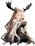  1girl animal_ears antlers arknights black_dress blonde_hair blue_eyes breasts cape deer_antlers deer_ears deer_girl dress kojimarie long_hair looking_at_viewer medium_breasts ponytail red_cape sidelocks simple_background solo two-sided_cape two-sided_fabric upper_body very_long_hair viviana_(arknights) white_background white_cape 
