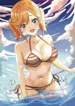 1girl akiranakayama05 bare_arms bare_legs bare_shoulders bikini blush breasts cleavage cloud collarbone commentary_request cowboy_shot highres large_breasts looking_at_viewer love_live! love_live!_superstar!! ocean open_mouth orange_hair outdoors purple_eyes shibuya_kanon short_hair side-tie_bikini_bottom smile solo striped striped_bikini swimsuit teeth upper_teeth_only wading 