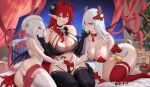 3girls absurdres ahoge alternate_costume antlers ass azur_lane bare_shoulders bikini black_choker black_gloves black_hairband black_horns black_panties black_thighhighs blush bow box breasts chinese_commentary choker christmas christmas_tree cleavage commentary_request curled_horns demon_tail demon_wings fake_antlers flandre_(azur_lane) fork garter_straps gift gift_box gloves grey_eyes hair_between_eyes hair_bow hairband hand_on_another&#039;s_chin hands_up highres hindenburg_(azur_lane) holding holding_fork holding_hands horns huge_breasts karinto_yamada kearsarge_(azur_lane) lace-trimmed_thighhighs lace_trim large_breasts lips long_hair looking_at_viewer low_twintails mole mole_under_eye multiple_girls navel night night_sky panties parted_lips pink_bow pointy_ears red_bikini red_bow red_eyes red_gloves red_hair reindeer_antlers santa_bikini santa_costume seductive_smile sitting sky smile smug star_(sky) starry_sky stomach swimsuit tail thighhighs twintails underwear very_long_hair white_garter_straps white_gloves white_hair white_headwear white_thighhighs wings 